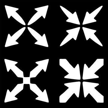 Arrows Vector Icon Set Minimalist White Cursor Graphics on Black Background Exploding and Imploding Directional Pointers for User Interface UI UX Design and Navigation Apps