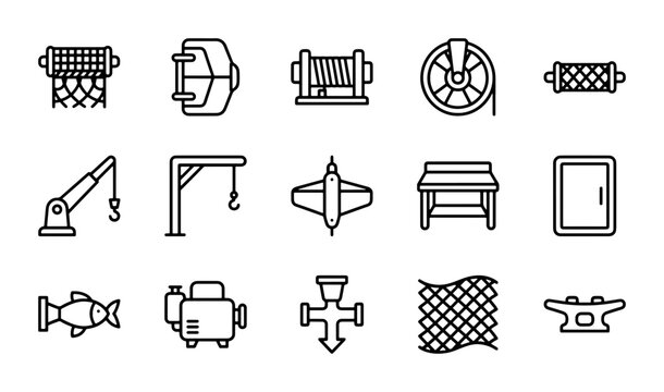 Marine Equipment Icons: Fishing Gear, Winches, Cranes, and Dock Cleats Vector Set