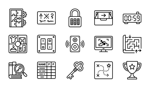 Escape Room Icons Set: Puzzle, Lock, Timer, Key, Map, Trophy, Clues, Logic
