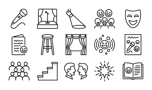 Comedy Show Icons, Stand-Up Performance Graphics, Audience Entertainment Symbols, 15 Vector Elements