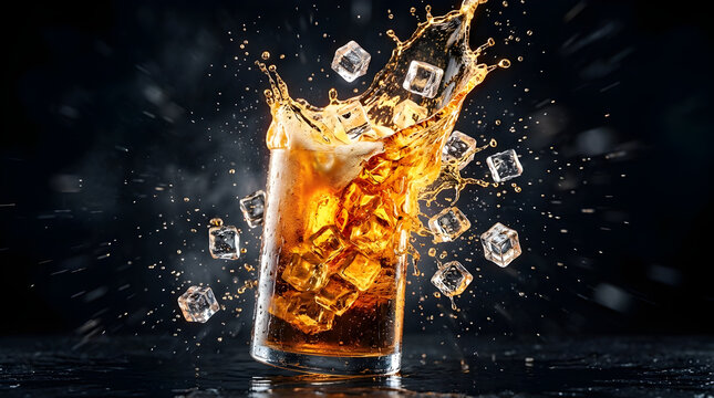 A dramatic splash of an amber beverage in a glass with ice cubes flying out against a dark background.