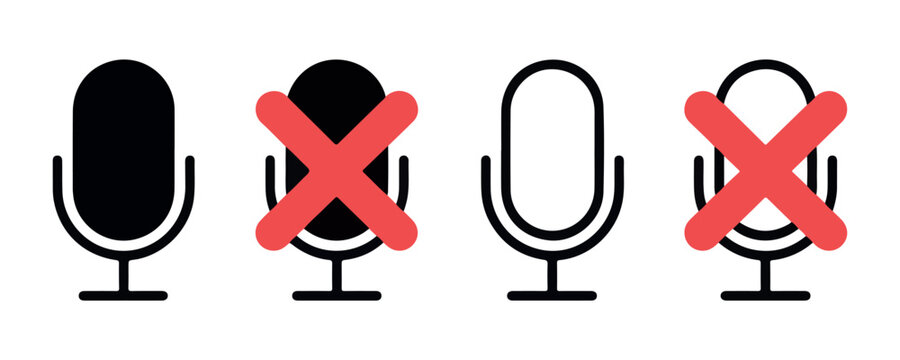 Microphone status icons mute and unmute symbols on transparent background red cross for off.