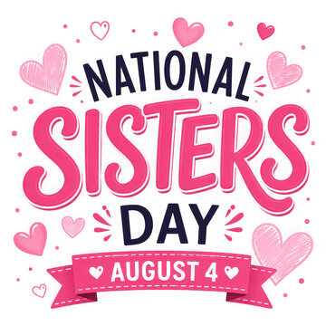 National sisters day august 4th pink typography with hearts and ribbon isolated on transparent background