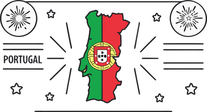 Flat map of portugal with national flag emblem and radiating