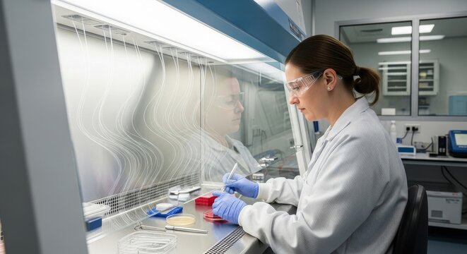 Scientist working in laminar flow hood with sterile air currents