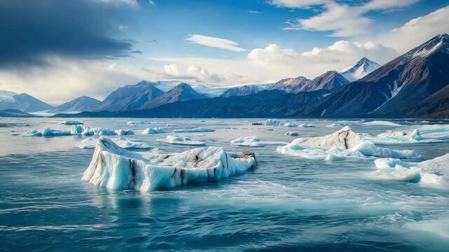 Slow motion pan tracking aerial view of icebergs drifting across glacial lagoon with mountain coastline