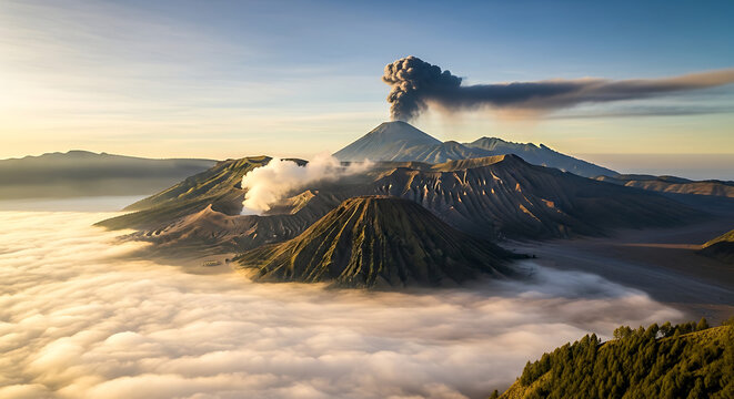 Majestic Volcano Eruption at Sunrise with billowing smoke and clouds