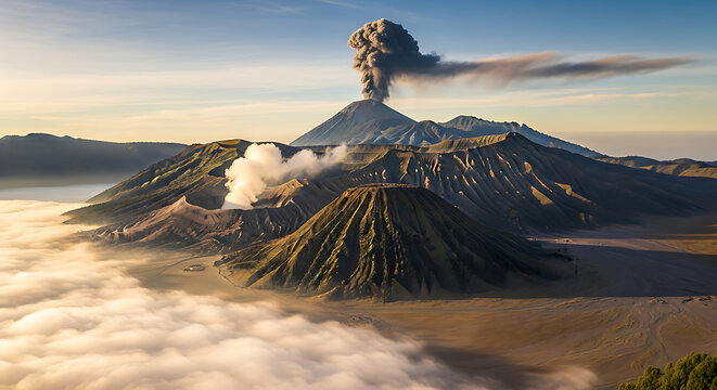 Spectacular Eruption of Mount Sinabung Volcanic Mountain Amid Blue Sky and Clouds