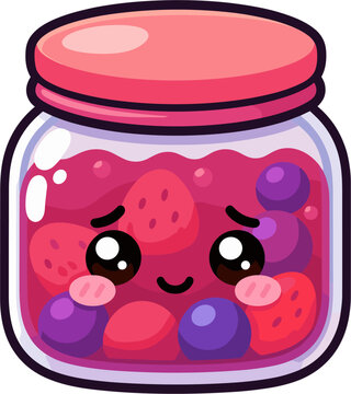 Isolated kawaii vector art jam jar with a bashful face, filled with