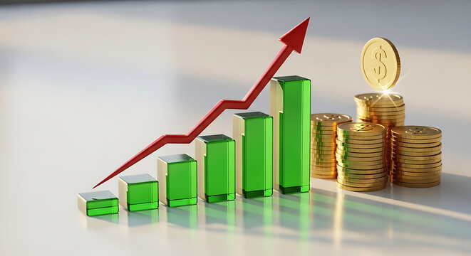Business Growth and Investment Concept with Stack of Coins and Arrow Chart Illustration