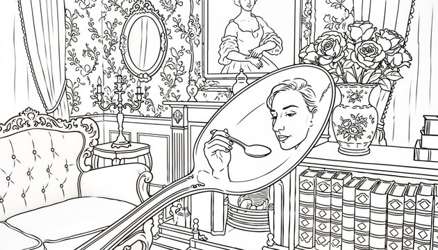 Coloring page of woman gazing into spoon-mirror in luxurious parlor with flowers, books, and ornate mirror &mdash; vintage scene of self-reflection and refined elegance