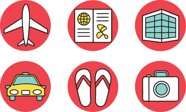 Minimalist summer travel airplane, passport, hotel, taxi, flip flops, camera