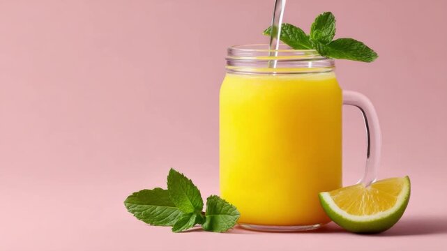 A colorful and refreshing yellow juice served in a jar with mint leaves. Perfect for a summer sip. Brighten your day with this healthy drink. AI