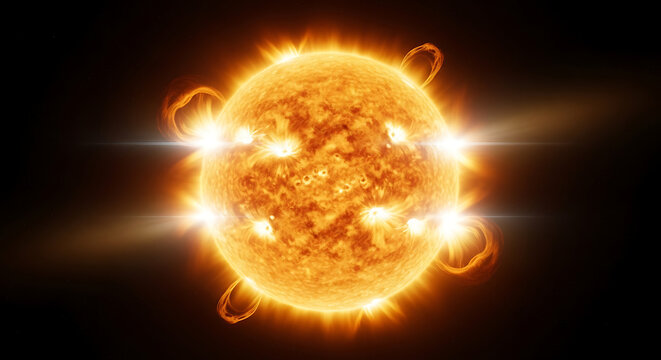 A vibrant, detailed depiction of the Sun, showcasing its fiery surface, solar flares, and magnetic loops against a dark, star-speckled background.