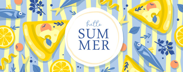 Fototapeta premium Italy summer poster or banner with lemon zest, pizza, fish and herbs on stripped background. Restaurant menu design. Vector illustration