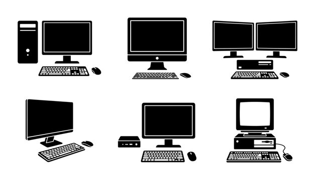 Retro and Modern Desktop Computer Icons, Vintage PC Set, Technology Graphics, Office Equipment