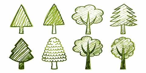 Crayon style tree illustrations set of eight green trees © Sujal