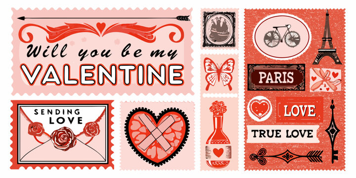 Vintage valentine stamps and labels collection romantic retro style