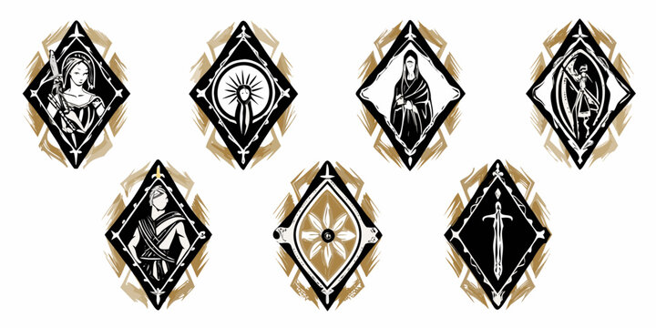 Fantasy emblems set illustrated diamond shaped heraldic designs on white