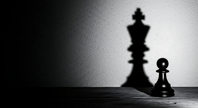 A small chess pawn casts a long, powerful shadow of a king on a textured wall, symbolizing ambition and potential.