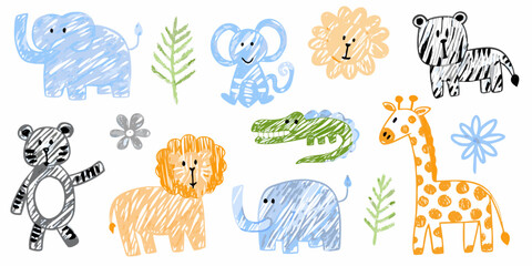 children s safari animal illustrations hand drawn style on white background © Sujal