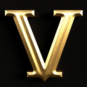 The large letter "V" is golden in color with a shiny texture on a black background.