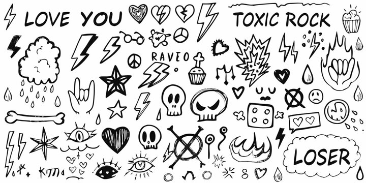 Punk rock graffiti doodles and lettering on white background