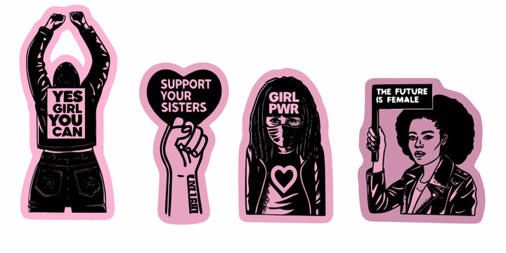 Feminist sticker set with empowering slogans vector illustration
