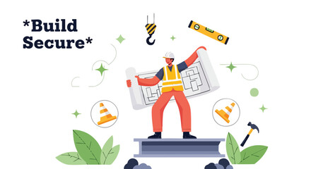Fototapeta premium Construction Worker with Blueprint, Building Secure Concept