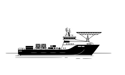 Fototapeta premium Detailed black and white silhouette of an offshore supply vessel with crane and cargo containers representing maritime shipping, offshore industry, and commercial sea transport concepts