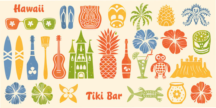 Hawaiian tiki bar illustration with retro tropical elements and motifs