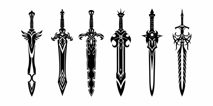 seven fantasy sword designs black vector silhouettes on white background
