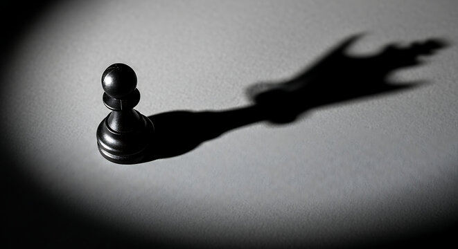 Black chess pawn casting a long, powerful shadow resembling a queen, symbolizing potential and hidden strength on a spotlighted surface.