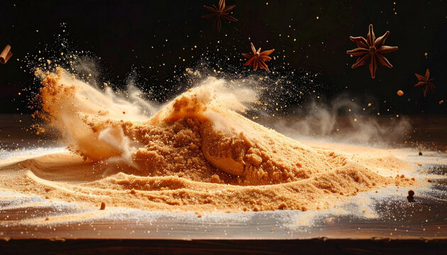 Spice powder explosion with star anise on dark background