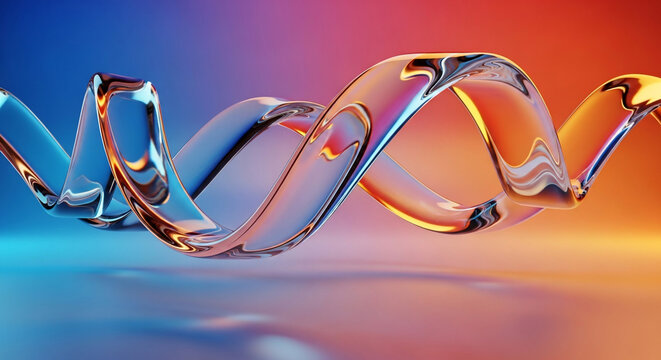 Abstract 3D Glass Ribbon Wave with Blue and Orange Gradient Background
