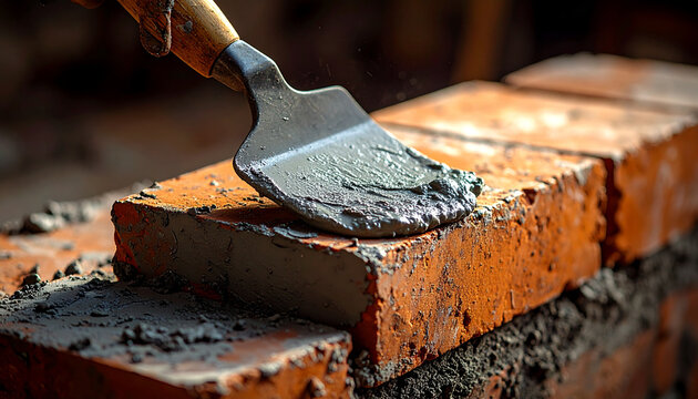 construction worker applying cement to brick
