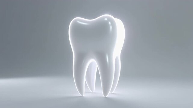 白く輝く健康な歯の3Dレンダリングモデル。清潔感のある明るい背景とソフトな光の反射が美しい歯科医療用イメージ動画。
