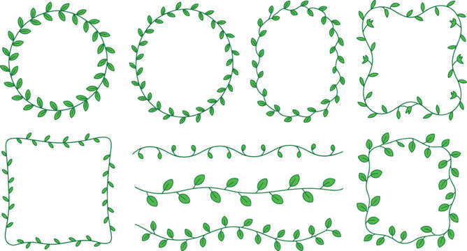 Green vine frame illustrations with botanical borders, leafy dividers, and decorative vector design concepts