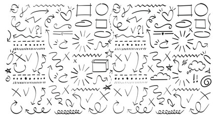 Fototapeta premium Hand drawn doodle arrows, shapes, lines, and symbols set sketchy design elements isolated on white background