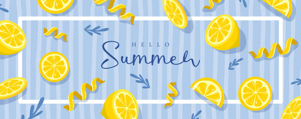 Obraz premium Italy summer poster or banner with lemon slices and zest on striped blue background. Restaurant menu design. Vector illustration
