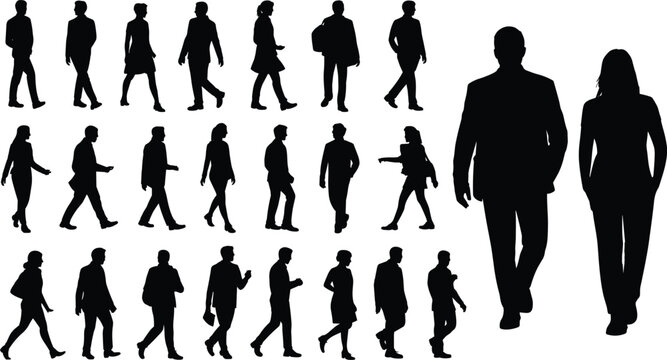 Walking people silhouette illustrations with diverse postures, standing figures, and human movement vector design concepts