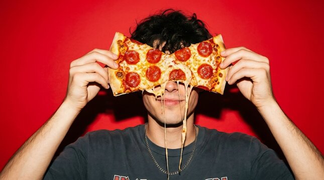 Young man holds a piece of pepperoni pizza over his eyes while posing against a solid red studio background to emphasize his love for junk food in this stylized and modern lifestyle photography shot.