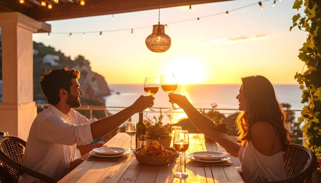 Pareja brindando durante una cena rom&aacute;ntica al atardecer en una terraza con vistas al mar
