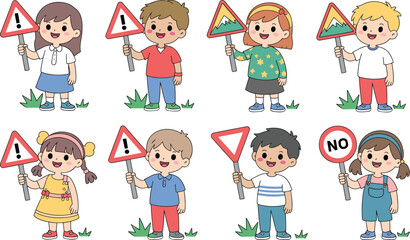 Fototapeta premium Cartoon children holding warning and prohibition signs with playful safety awareness vector design concepts