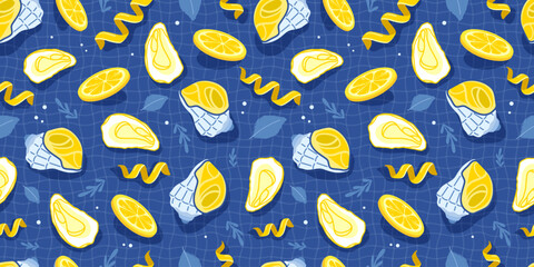 Obraz premium Seamless summer pattern with lemon zest, oysters, clams and rosemary on blue tablecloth background. Restaurant menu design. Vector illustration