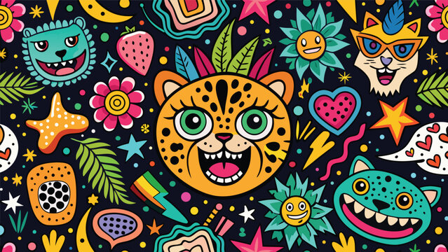 Whimsical pattern of a jaguar and various cute objects: A vivid pattern of a jaguar and other delightful object against a black background, inviting viewers into a world of imagination and fantasy.