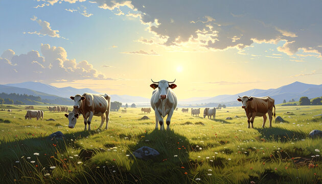 Cows grazing on green hills at sunset with mountains