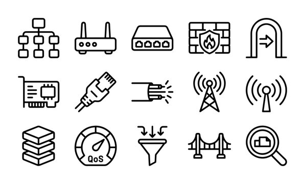 Network Icons Set: Router, Firewall, Server, QoS, Bridge, Technology Concepts