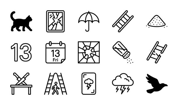 Superstition Icons: Black Cat, Broken Mirror, Ladder, 13, Crow, Umbrella, Salt
