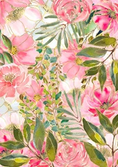 Fotobehang Tropische Bladeren Delicate watercolor floral background with soft pink roses and golden leaf accents, elegant hand painted botanical illustration for feminine brand identity and romantic stationary designs.  © Nara